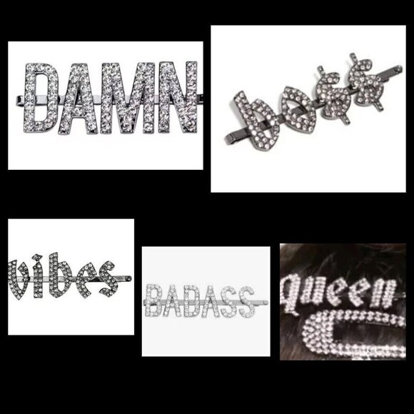 New Kitsch X Justine Marjan Rhinestone Bobby Pins QUEEN DAMN VIBES BOSS BADASS - Picture 1 of 10